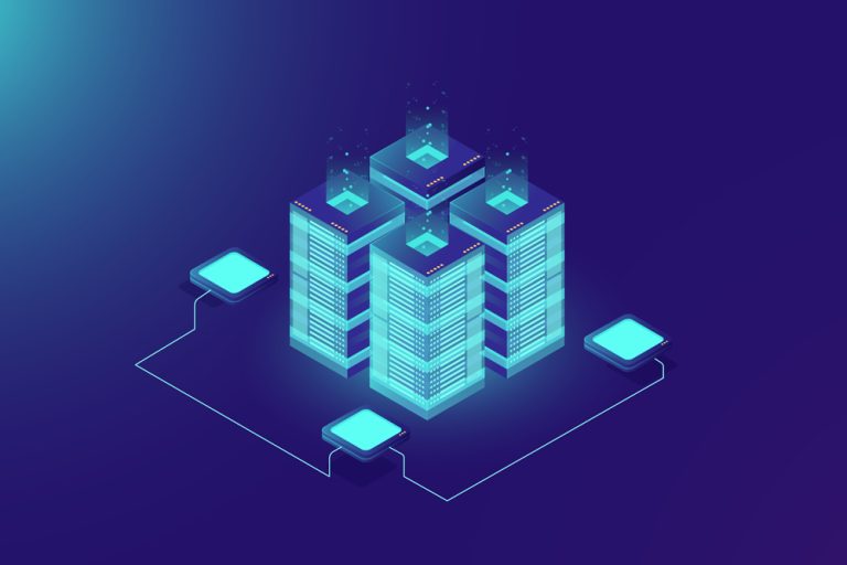 Server room rack, blockchain technology, token api access, data center, cloud storage concept, data axchange protocol illustration, dark neon gradient background